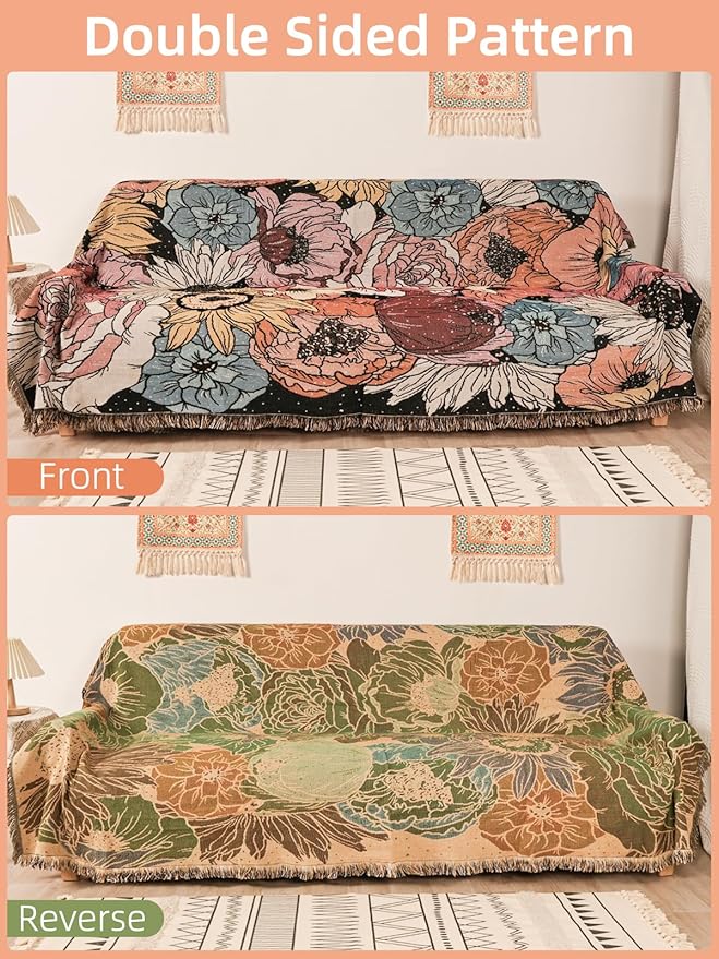 Boho Throw Blanket for Bed Couch Sofa Reversible Cotton Bohemian Travel Boho Quilt Mexican Muslin Blanket Tapestry Hippie Room Decor Outdoor Blanket Double Sided (Boho Flower Dark 70"x90")