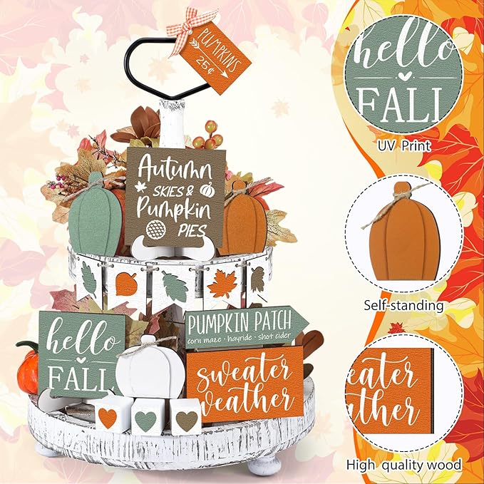 Sumind 15 Pcs Fall Tiered Tray Decor Set Fall Decorations for Home Autumn Wood Signs Thanksgiving Orange Brown Table Signs Farmhouse Wooden Maple Pumpkin Gnomes Tabletop for Festival(Heart)