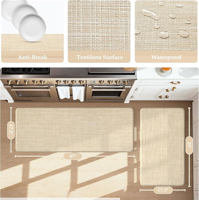 KIMODE Kitchen Mats Cushioned Anti Fatigue 17"x47"+17"x29", Beige Padded Kitchen Floor Mats Non Slip, Comfort Textilene Kitchen Mats for Floor, Standing Mat for Laundry Office Sink Desk