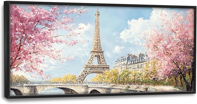 Eiffel Tower Framed Wall Art for Living Room, Large Paris Tower Canvas Wall Decor, Pink Cityscape Pictures Painting, Natural Landscape Modern Artwork for Living Room Bedroom 60L'' × 30W''