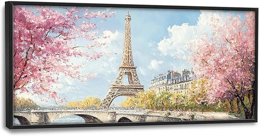 Eiffel Tower Framed Wall Art for Living Room, Large Paris Tower Canvas Wall Decor, Pink Cityscape Pictures Painting, Natural Landscape Modern Artwork for Living Room Bedroom 60L'' × 30W''
