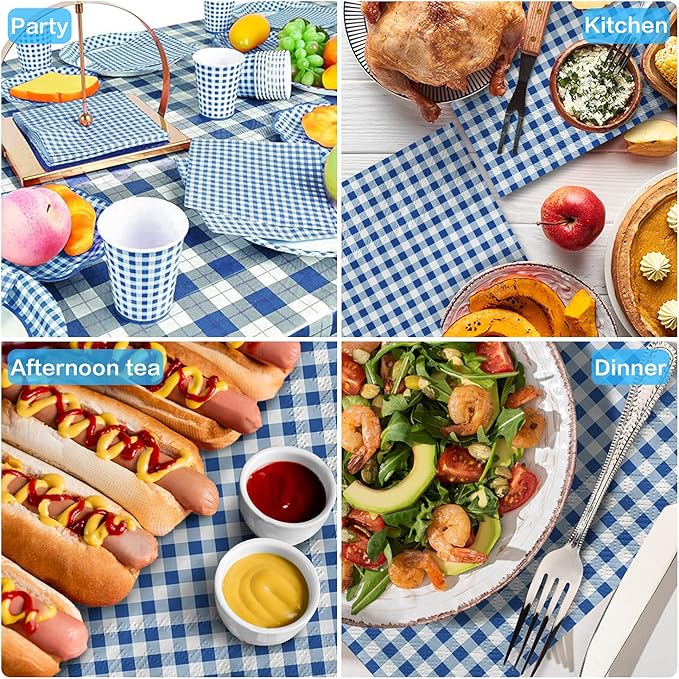 Gatherfun Disposable Paper Napkins Blue and White Gingham for Dinner Picnic and Parties (Pack of 50)
