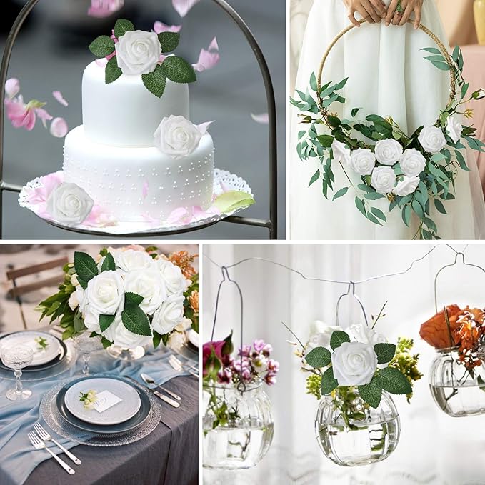 AmyHomie Artificial Flower 50pcs Real Looking Fake Roses w/Stem for DIY Wedding Bouquets Centerpieces Arrangements Party Baby Shower Home Decorations