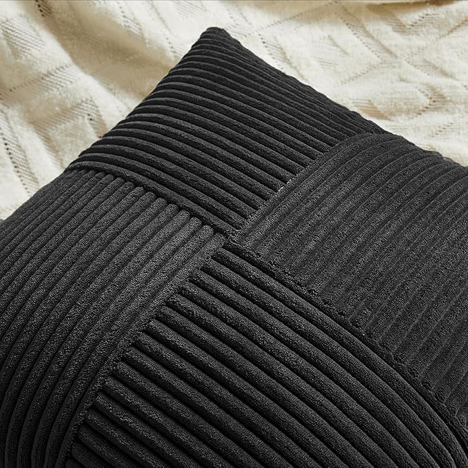 Fancy Homi 4 Packs Black Decorative Throw Pillow Covers 18x18 Inch for Living Room Couch Bed Sofa, Rustic Farmhouse Boho Home Decor, Soft Cross Corduroy Patchwork Textured Square Cushion Case 45x45 cm