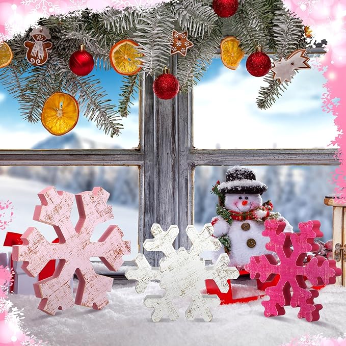 Bucherry 3 Pcs Winter Wooden Snowflake Decor Rustic Winter Snowflake Table Signs Wonderland Wood Blocks Farmhouse Christmas Tiered Tray Decorations for Xmas Table Shelf(Pink, Rose Red, White)