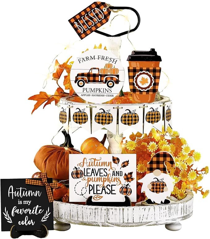 Maitys 13 Pcs Fall Tiered Tray Decor Set Thanksgiving Pumpkin Gnome Rustic Farmhouse Decoration Autumn Decor Autumn Harvest Decorative Trays Wooden Tabletop Signs for Home Kitchen(Orange Plaid Style)