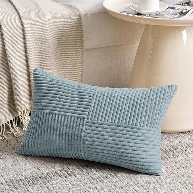 Fancy Homi Set of 4 Light Blue Lumbar Decorative Throw Pillow Covers 12x20 Inch for Living Room Bedroom Couch Bed Sofa, Soft Striped Corduroy Coastal Blue Rectangle Accent Cushion Case 30x50 cm