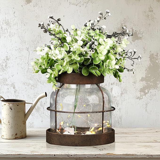 Farmhouse Rustic Vintage Primitive Glass Vases Lantern with Lights Green Artificial Eucalyptus Fake Plants Home Decor Centerpiece for Coffee Office Dining Table Shelf Desk Counter Kitchen Bathroom