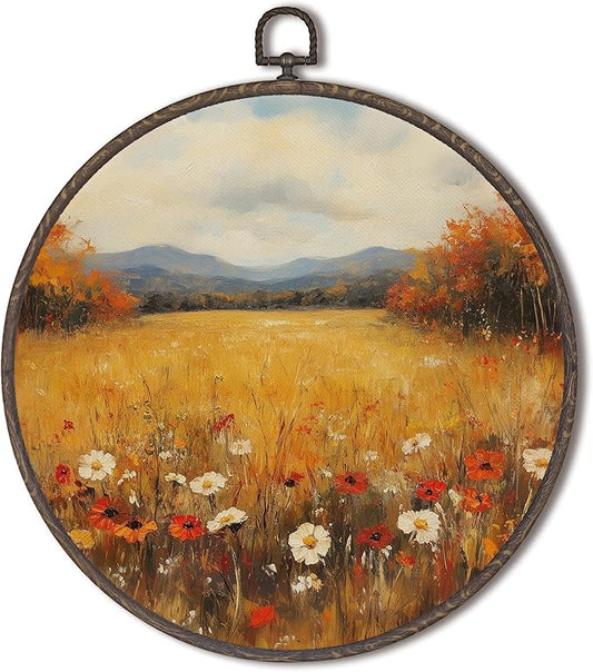 XNXLDYLH Vintage Fall Wildflower Round Framed Wall Art Decor, Rustic Farmhouse Harvest Hanging Wall Decor Decorations, Autumn Fall Floral Landscape Canvas Prints Wall Art Pictures Paintings, 10x10Inch