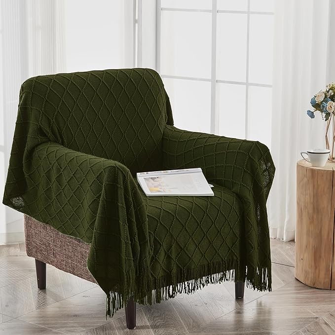 inhand Knitted Throw Blankets for Couch and Bed, Soft Cozy Knit Blanket with Tassel, Dark Green Lightweight Decorative Blankets and Throws, Farmhouse Warm Woven Blanket for Men and Women, 60"x80"
