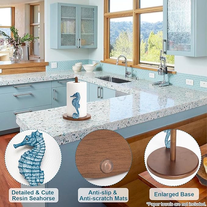 Seahorse Paper Towel Holder - Beach House Decor Unique Coastal Decor Seahorse Gifts for Women, Funny Cute Paper Towel Holder Stand Wood Kitchen Countertop Bathroom Decor Blue Coastal Kitchen
