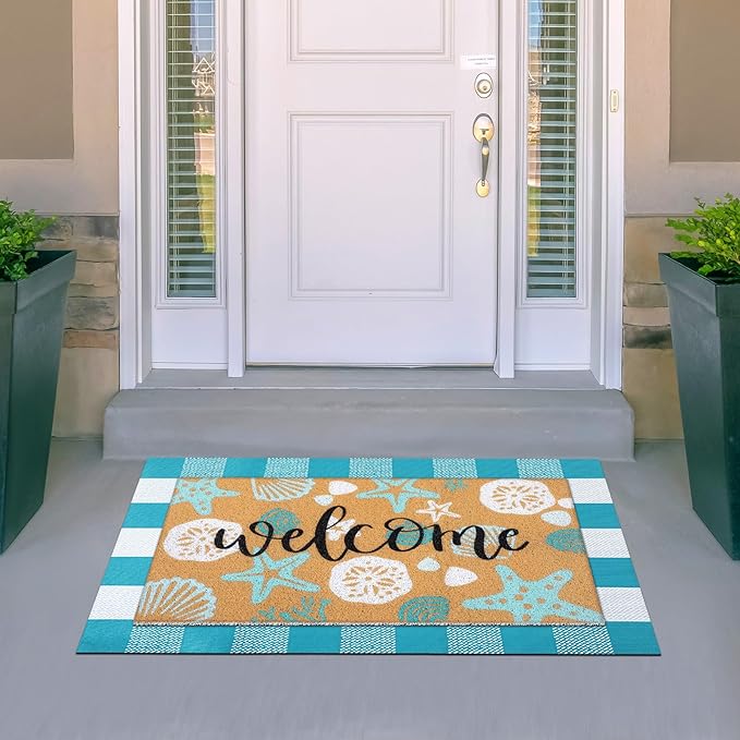 2 Pcs Summer Door Mat Beach Welcome Non Slip Coir Mats Sea Style Starfish Seashells Ocean Buffalo Plaid Floor Layering Doormats Seasonal for Front Porch Entryway Decor(Summer Beach)