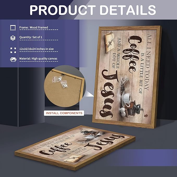 Wood Framed Christian Kitchen Wall Art, All I Need Today Coffee & Jesus Canvas Wall Decor Paintings, Coffee Motivational Posters Prints Pictures for Kitchen Bedroom Dining Room 16x24 Inch