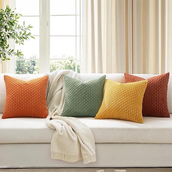MIULEE Fall Burnt Orange Throw Pillow Covers Soft Couch Decorative Set of 4 Boho Striped Cushion Covers Corduroy Pillowcase Farmhouse Home Decor for Couch Bed Sofa Living Room 20x20 Inch Yellow Orange