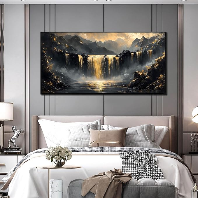 Waterfall Artwork for Wall Living Room - Mountain Pictures Wall Decor for Office - Large Black Framed Wall Art for Bedroom Size 29" x 59"