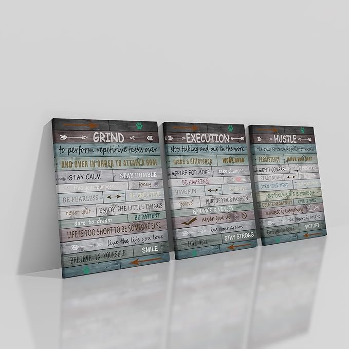 Inspirational Canvas Wall Art Poster Print Grind Execution Hustle Motivational Entrepreneur Quotes Picture Painting Artwork for Modern Home Bathroom Wall Decor Stretched and Framed [36''W x 16''H]