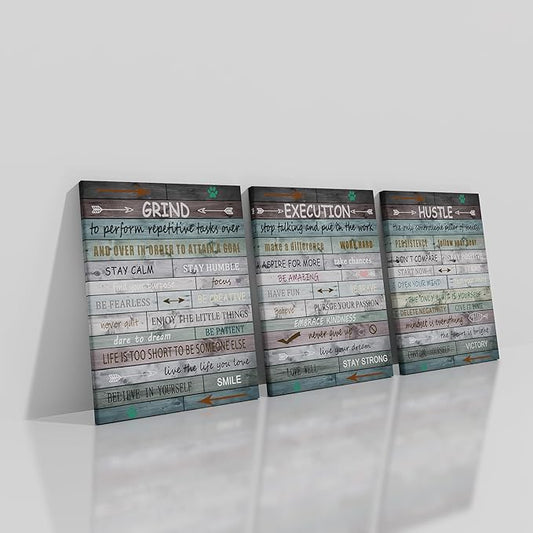 Inspirational Canvas Wall Art Poster Print Grind Execution Hustle Motivational Entrepreneur Quotes Picture Painting Artwork for Modern Home Bathroom Wall Decor Stretched and Framed [36''W x 16''H]