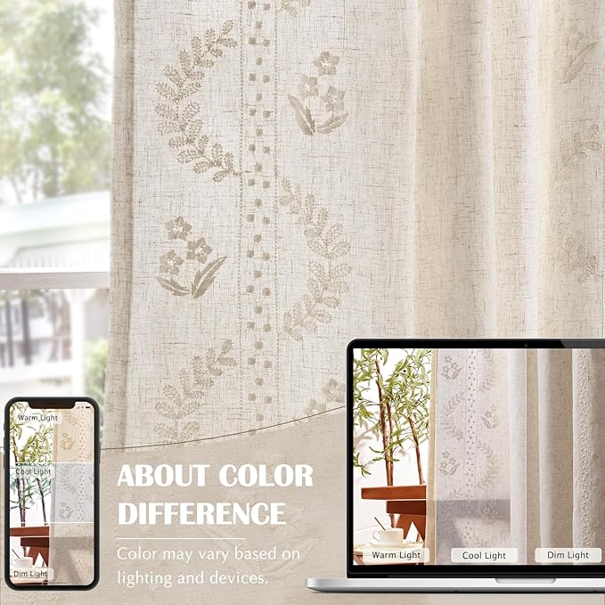 jinchan Belrose Lined Linen Blend Curtains Boho Floral Curtains for Bedroom 84 Inch Length Ivory Embroidered Drapes Rod Pocket Farmhouse Flower Drapes for Living Room Window Treatments Set 2 Panels
