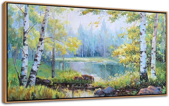 YCPRIMER Forest Wall Art - Birch Tree Canvas Wall Decor Green Trees Picture for Living Room Lake Forest Landscape Painting Home Bedroom Decoration Green and White Framed Artwork Decor 24×48IN