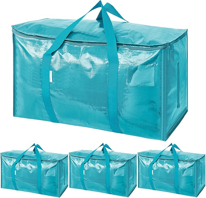TICONN 4 Pack Extra Large Moving Bags with Zippers & Carrying Handles, Heavy-Duty Storage Tote Moving Boxes for Space Saving (4 Pack, Aqua)