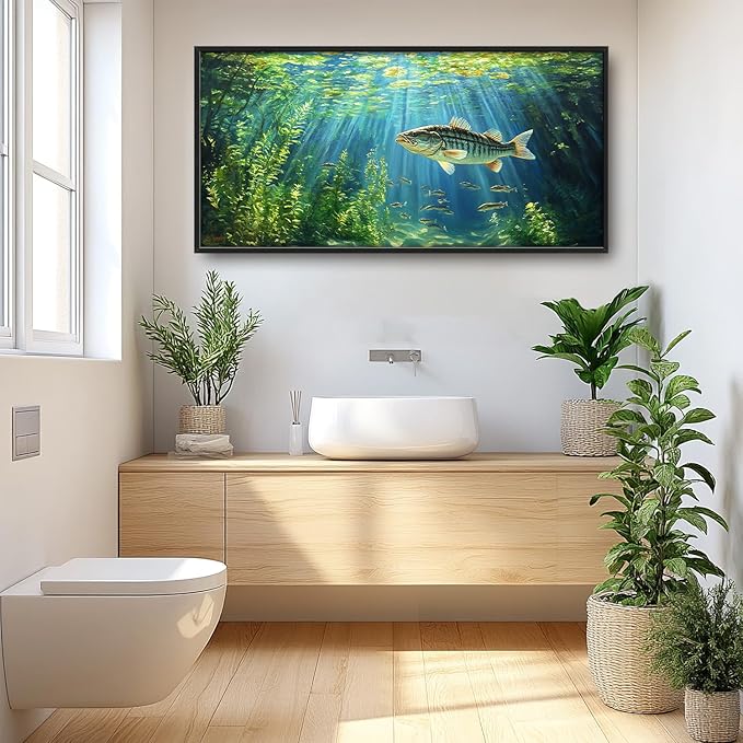 Flintis Large Ocean Fish Framed Wall Art Natural Green Plants Pictures Wall Decor Abstract Fishing Canvas Painting Print Artworks Decor Framed for Living Room Bathroom Master Bedroom 60L X 30W