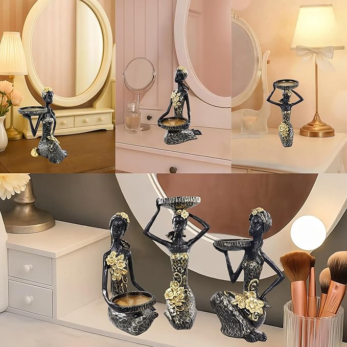 African Lady Figurine Candle Holder with African Tribal Totem for Wedding,Church,Holiday Decor-African Decorative Women Statues, Candlestick Holder for Home and Table Decor(406-Black)