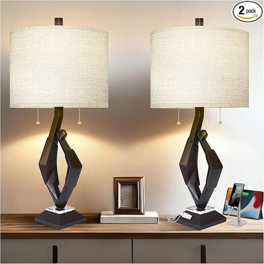 Scenekoy Sculptural Resin Table Lamp Set of 2 with USB Ports for Bedroom Living Room, 26” Black-Brown Dual Pull Chains Bedside Lamps, Nightstand Lamp for Home Room Decor (Bulbs Included)