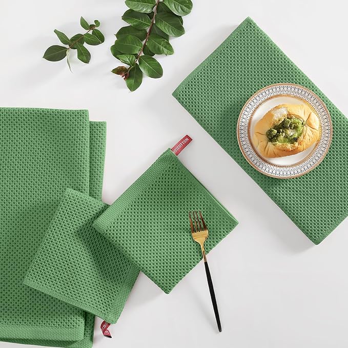 Homaxy 100% Cotton Kitchen Towels and Dishcloths Set, 12 x 12 Inches and 13 x 28 Inches, Set of 12 Bulk Kitchen Towels Set, Ultra Soft Absorbent Dish Cloths for Washing Dishes, Grass Green