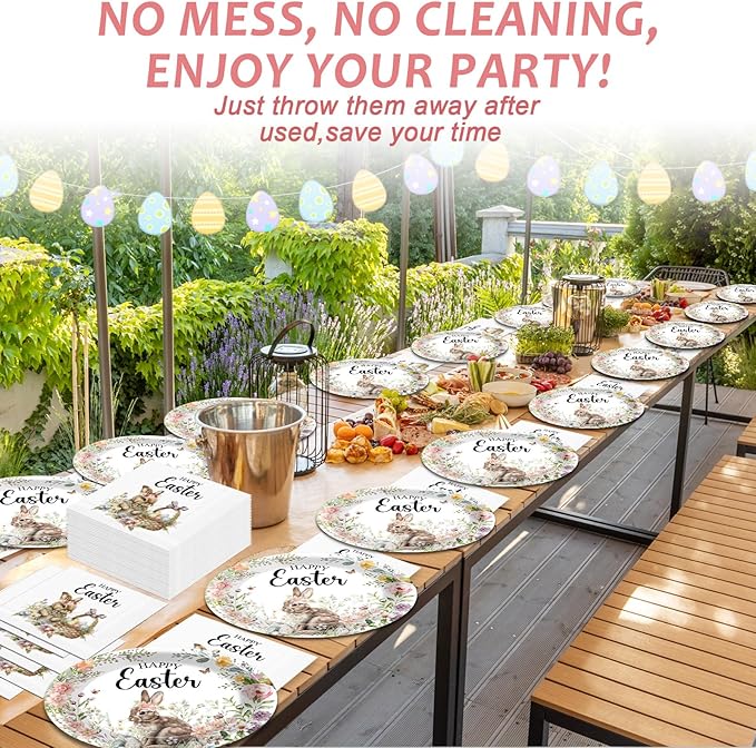 Happy Easter Oval Paper Plates Vintage Bunny Rabbit Flower Plates and Napkins Party Decorations Easter Floral Party Supplies 11inch Heavy Duty Dish Tray Dinnerware for Spring Picnic, 25 Guest