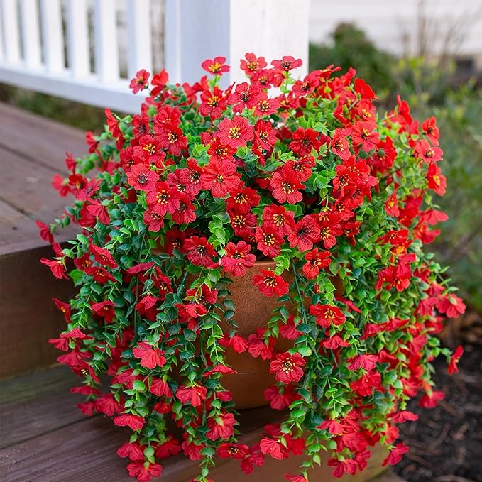 HyeFlora Artificial Hanging Flowers for Outdoors Decoration, 2Pcs Red Fake Spring Summer Decor, Realistic Plants, UV & Fading Resistant Flower for Porch Patio Balcony Planter Yard Home Garland