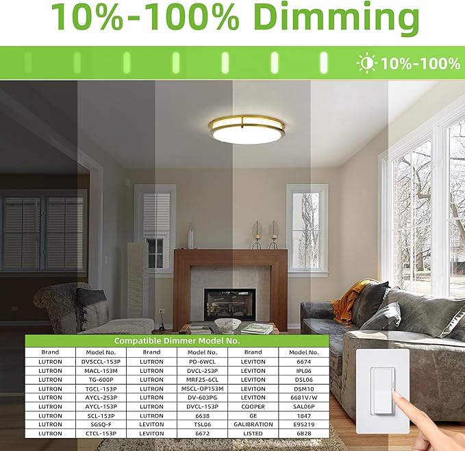 hykolity 16 inch Dimmable LED Flush Mount Ceiling Light Fixture, Gold, 36W, 2200LM, 2.7/3/3.5/4K/5K Adjustbale, 120°Light Angle, CRI90, Ceiling Lamp for Bedroom, Kitchen, Office, ETL Listed