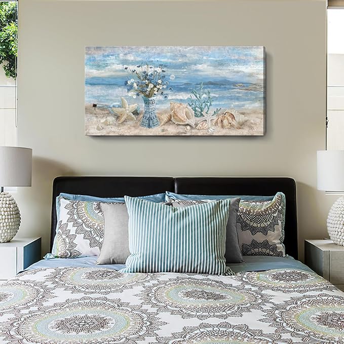 Large Canvas Wall Art for Living Room Seaside Painting Blue Sea View Ocean Theme Abstract Seascape Framed Artwork Coastal Beach Home Decor Daisy Flower in Indian Vase Picture Poster Print 24x48inch