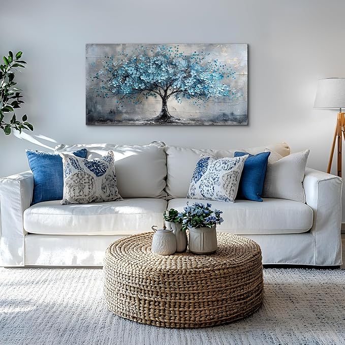 crmotu Tree of Life Large Wall Art for Living Room, Cherry Blossom Abstract Canvas Art Prints, Blue Flowers Tree Pictures Wall Decor, Nature Plant Modern Bedroom Bathroom Office Decor 24"X48"