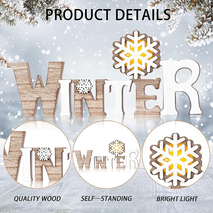 Geetery Winter LED Wooden Sign Rustic Wooden Words Sign Tabletop Centerpiece Decor Winter Snowflake Decorations for Table Home Indoor Party
