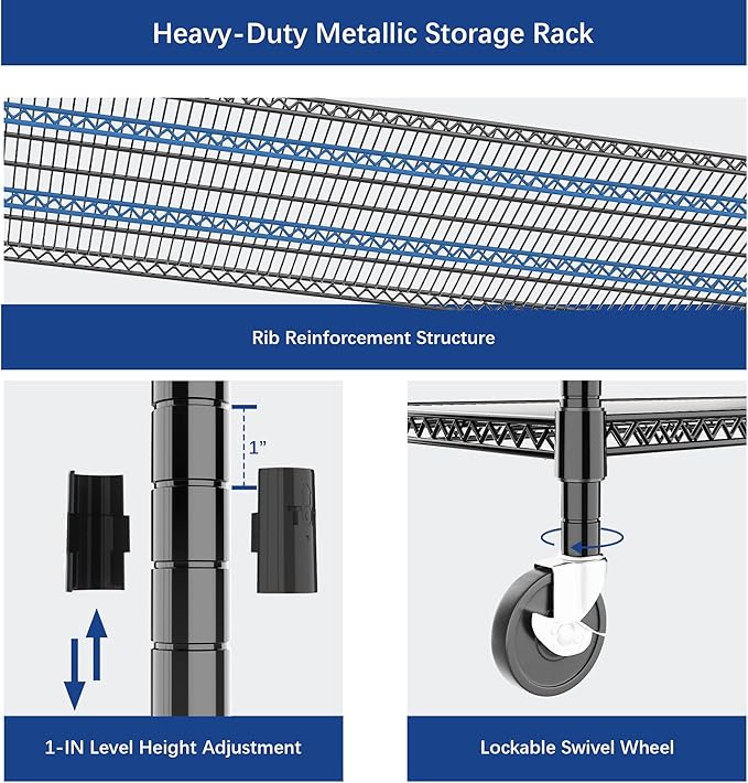 Heavy Duty Shelving, 51.6" H Garage Shelving Unit with Wheels, 3-Tier Garage Storage Shelves Metal Shelves Rack, Adjustable Industrial Shelving for Warehouse Storage, 60" W x 24" D x 51.6" H, Black