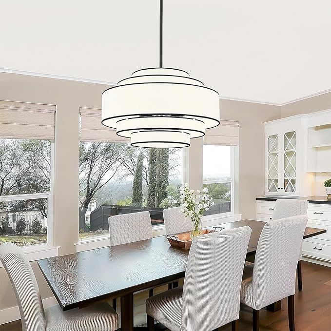 23.62’’Black Drum Chandelier,5-Tier Modern White Fabric Chandeliers Dining Room Light Fixture,6-Light Large Kitchen Island Lighting Farmhouse Chandelier for Living Room Bedroom Hallway Foyer,UL-Listed