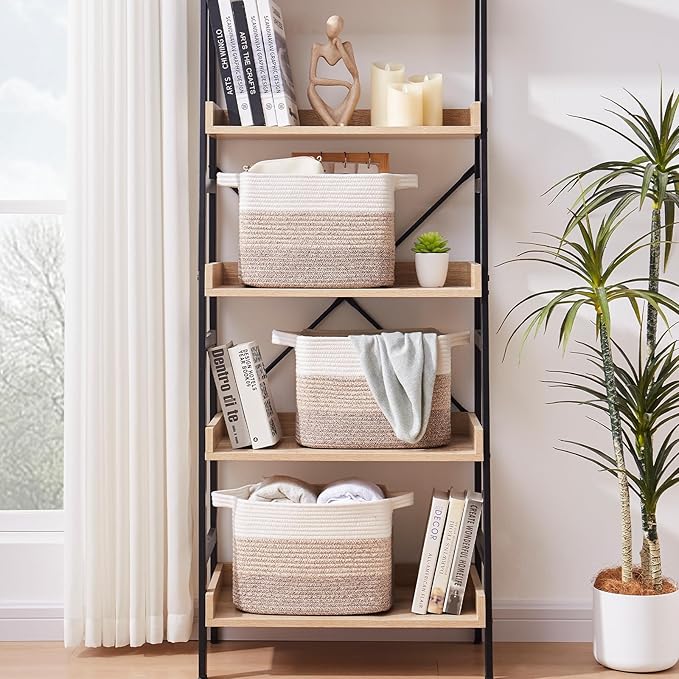 OIAHOMY Storage Baskets - Woven Cotton Rope Baskets for Shelves, Toy Towel Organizer Bins, Pack of 3, Blue & White