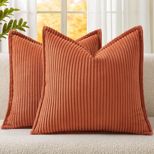 Mecatny Corduroy Fall Throw Pillow Covers 24x24 Set of 2, Neutral Decorative Soft Burnt Orange Boho Couch Pillow Covers with Broadside for Sofa Living Room, Rust