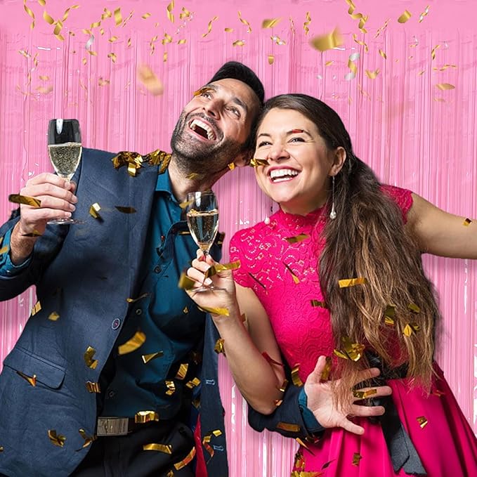 5 Pack Foil Curtain Pink Backdrop Streamers Metallic Tinsel Fringe Curtains Photo Booth Props for Birthday Wedding Engagement Bachelorette Christmas Holiday Celebration Party Decorations