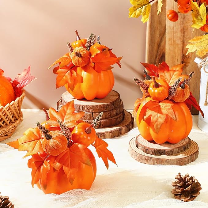 Janinka 3 Set Fall Artificial Pumpkins Fake Pumpkin Centerpiece Decor Autumn Floral Stems Thanksgiving Decorations Acorn Pine Cone Maple Leaves Fall for Harvest Decor