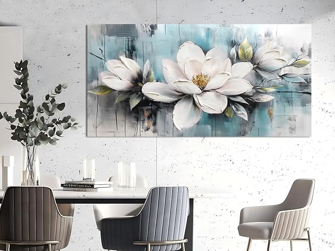 Ardemy Flower Wall Art for Living Room White Floral Canvas Bedroom Painting Magnolia Wildflower Picture Teal Grey Artwork Framed Home Office Dining Room Wall Decor, Extra Large 58"x29"