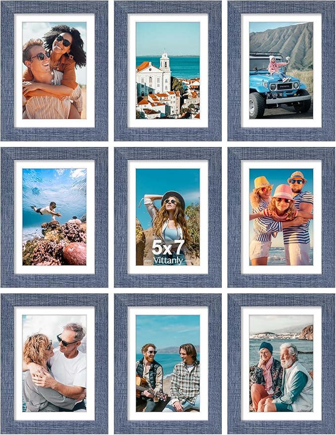 Vittanly 5x7 Picture Frames Set of 9, Shatter Resistant Plexiglass, Display 4x6 Pictures with Mat or 5x7 without Mat, Photo Frames for Wall or Tabletop, Engineered Wood, Navy