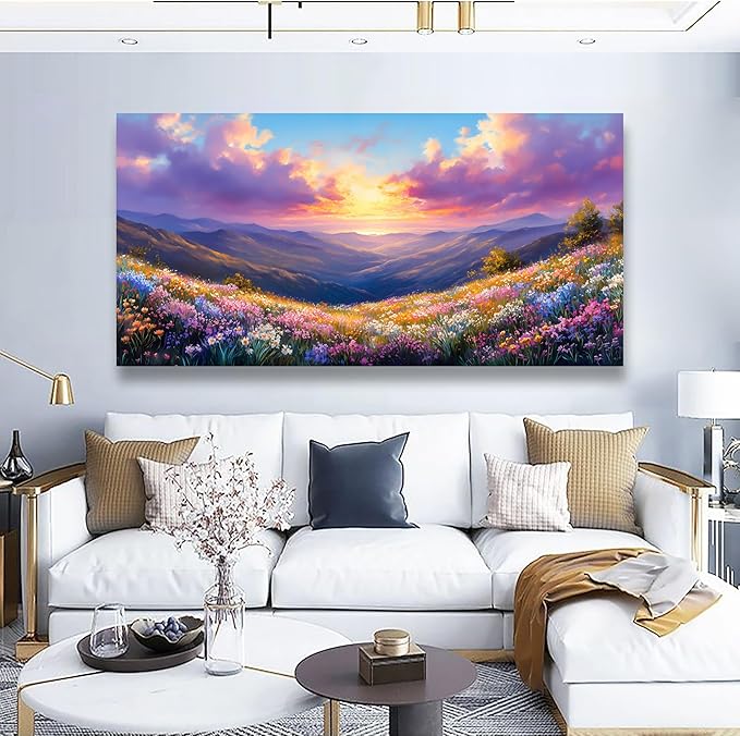 Purple Oil Painting Landscape Wall Art Bedroom Wall Decor Living Room,Purple Abstract Clouds Canvas Wall Art Office Artwork Modern Colorful Flowers Mountain Scenery Wall Art Prints Pictures 20 * 40in