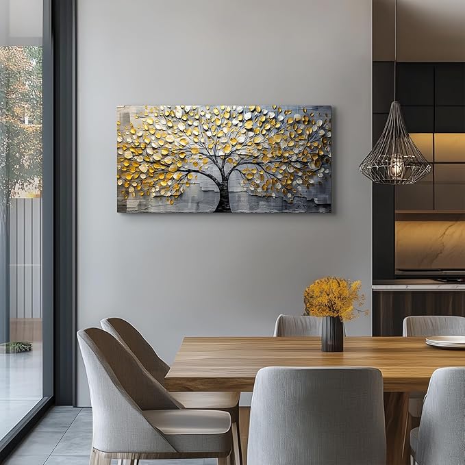 crmotu Tree of Life Large Wall Art, Neutral Golden Tree Canvas Art Prints, Gray and Gold Modern Home Decor Aesthetic Painting, Abstract Pictures Wall Decor Living Room Bedroom Bathroom Office 20"X40"
