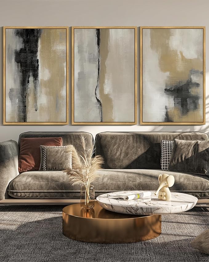 KUVIOKE Black Gray Abstract Framed Wall Art Minimalist Modern Neutral Wall Art Decor for Living Room Hallway Bedroom Ready to Hang 24x36in (Natural Framed)