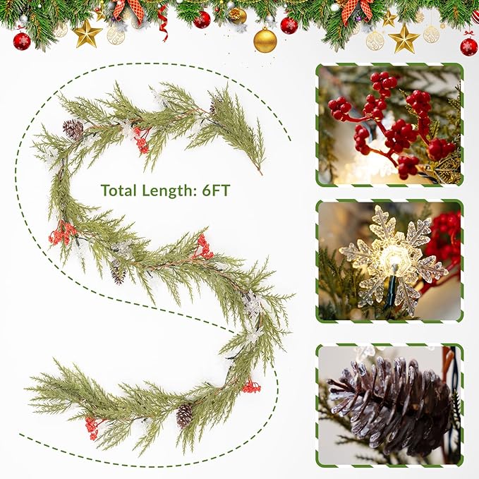 6FT Christmas Garland with Lights, Christmas Decor Pre-lit Artificial Pine Garland with Battery Operated, Decorations Indoor Outdoor Home Holiday Garland for Mantel Window Stairs