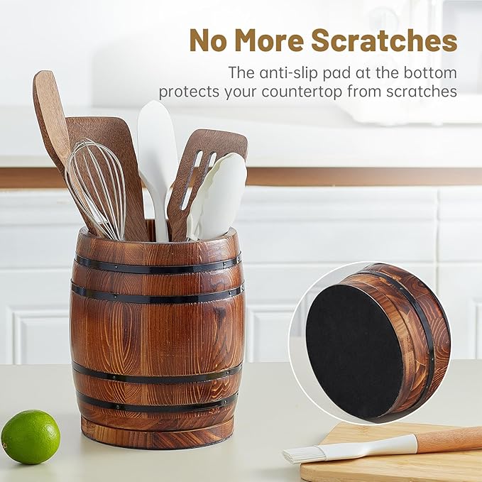 360° Rotating Wooden Utensil Holder, Wine Barrel-Shaped Utensil Crock for Kitchen Counter, Large Capacity Cooking Utensil Organizer & Spoon/Spatula Holder, Rustic Farmhouse Decor & Accessory