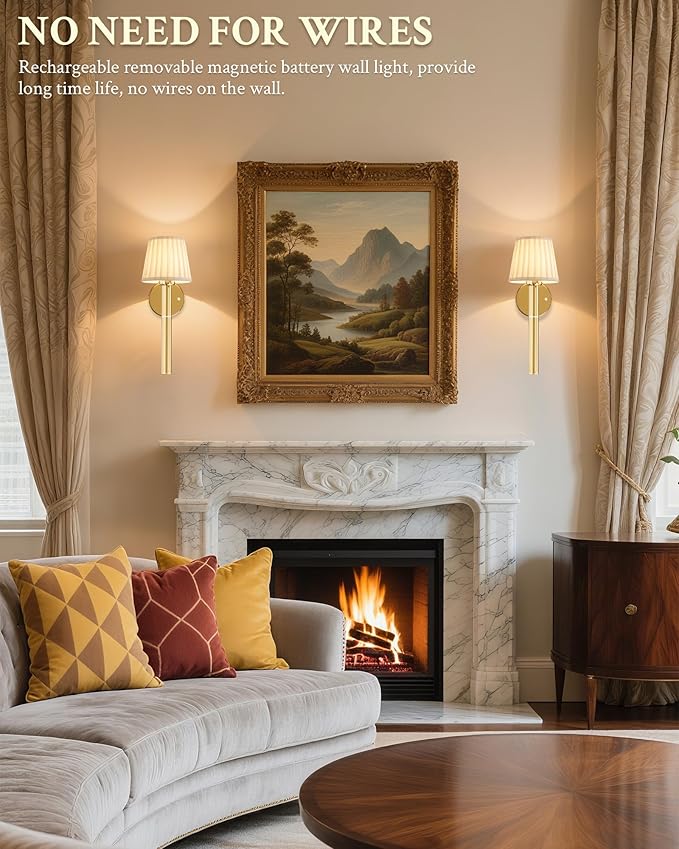 Cordless Battery Operated Wall Sconces Set of 2, 5200mAh Rechargeable Wall Sconce with Magnetic Pole and Fabric Shade, Dimmable LED Wall Lamp with Remote for Living Room, Bedroom, Hallway Decor