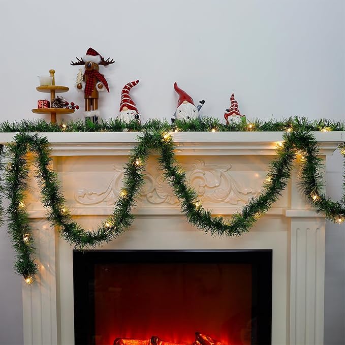 Biswing 50FT Pre-lit Christmas Green Garland, Lighted Artificial Pine Garlands with 100 Count Clear Incandescent Mini Lights, Light Up for Indoor Outdoor Gate Home Winter Holiday New Year Decorations