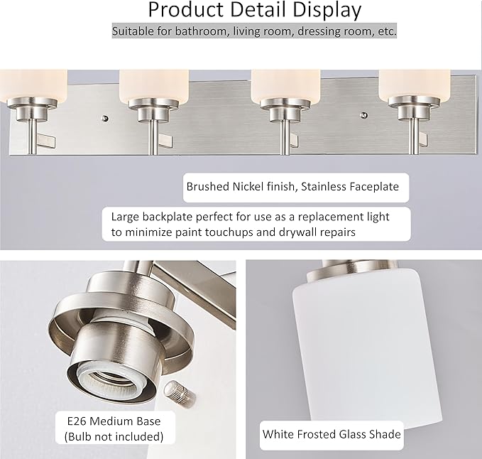 Bathroom Vanity Light Fixture, Brushed Nickel | 32 Inch 4 Lights, White Glass Shade, Vanity Lights for Bathroom, Living Room, Bedroom, Farmhouse